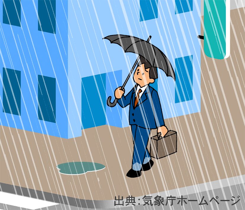 雨_人への影響。傘を差しても足元が濡れてしまう状況。