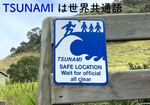 外国の津波の避難場所の看板。TSUNAMI SAFE LOCATIOM Wait for official all clear